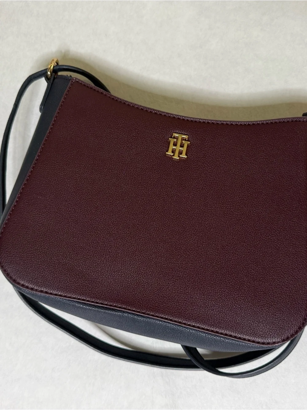 Tommy Hilfiger Burgundy and Black Pebbled Leather Shoulder Crossbody